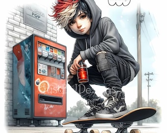 Skateboard Boy Clipart Bundle - 35 Watercolor High-Resolution Images - Digital Download