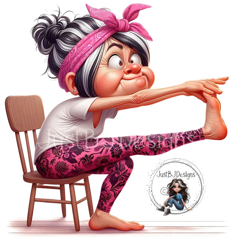 May include: Cartoon illustration of an elderly woman stretching her leg while seated on a wooden chair. She wears a white shirt, pink floral leggings, and a pink bandana. The image includes the text "Just B.J. Designs".