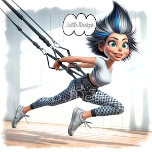 Pode incluir: Uma personagem de desenho animado com cabelo preto e azul espetado usa um top curto branco, leggings xadrez pretas e brancas e ténis brancos. A personagem está suspensa por correias pretas e um arnês, com o texto JustBJDesigns acima.