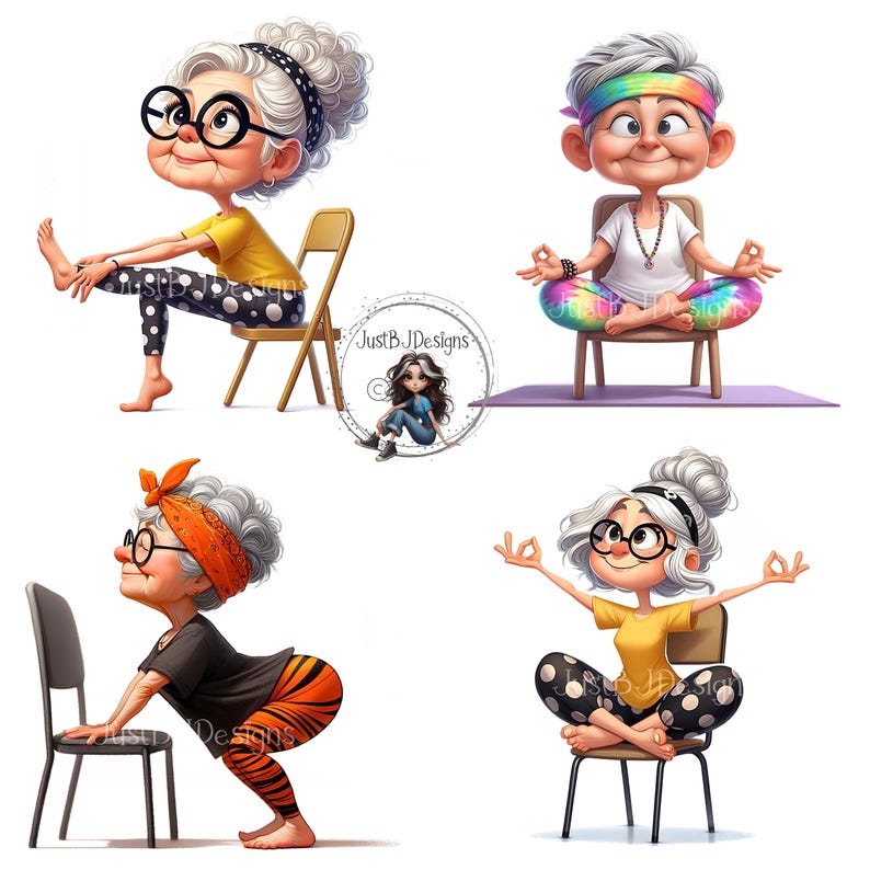 May include: Four illustrations of an elderly woman in various yoga poses. She is wearing glasses, and each image has a different outfit, including a yellow shirt, polka dot pants, and a rainbow headband. The images are set against a white background.