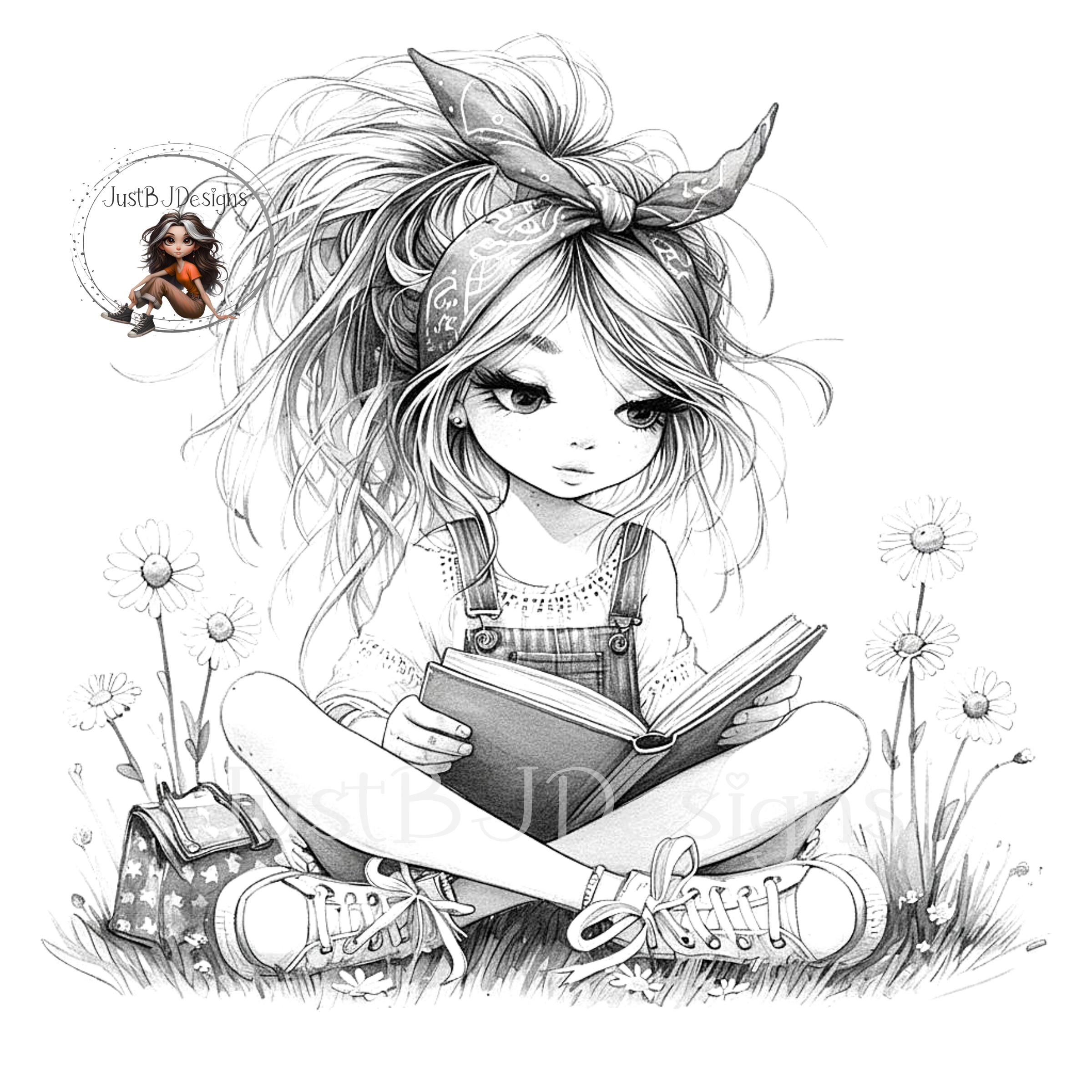 Spring Girl Coloring Pages -6 Greyscale JPG Images - Instant Download ...