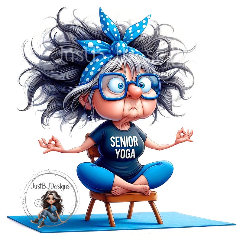 May include: Cartoon illustration of an elderly woman in a yoga pose, wearing a blue polka dot headband, blue glasses, and a black t-shirt with "SENIOR YOGA" printed on it. She is sitting on a wooden chair on a blue yoga mat.