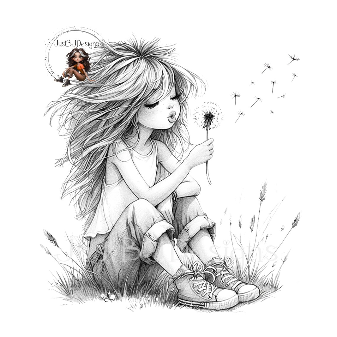 Spring Girl Coloring Pages -6 Greyscale JPG Images - Instant Download ...