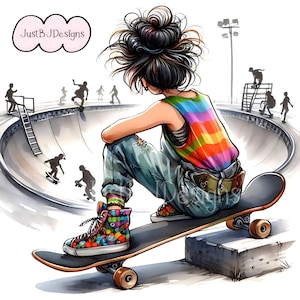 Skateboard Girl Clipart Bundle - 25 Watercolor High Resolution Images - Commercial or Personal Use