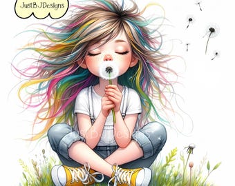 Whimsical Spring Girl Clipart: Watercolor Dandelion Design (Digital Download)