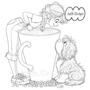 May include: Black and white illustration of a person leaning over a giant coffee cup, with a dog looking up at the cup. The person has a braid and is wearing overalls. The dog is fluffy and wearing a collar. The image includes the text "JustBJDsigns".