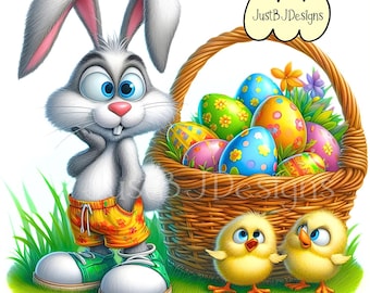 Imágenes prediseñadas de conejito de Pascua divertido - 16 imágenes PNG y JPG de alta resolución - Descarga digital