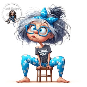 May include: Cartoon illustration of an elderly person in blue polka dot leggings and a gray t-shirt that says "SENIOR YOGA". The person is wearing blue glasses and a blue polka dot headband. They are sitting on a small wooden stool.