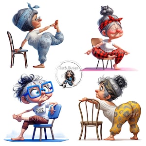 May include: Four cartoon illustrations of elderly women doing yoga. Each woman is wearing glasses and activewear. One is in a headstand, another is seated in a chair, a third is stretching, and the last is leaning on a chair. The illustrations are on a white background.