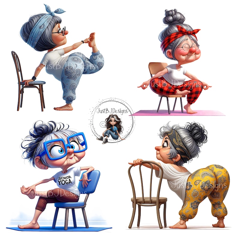 May include: Four cartoon illustrations of elderly women doing yoga. Each woman is wearing glasses and activewear. One is in a headstand, another is seated in a chair, a third is stretching, and the last is leaning on a chair. The illustrations are on a white background.