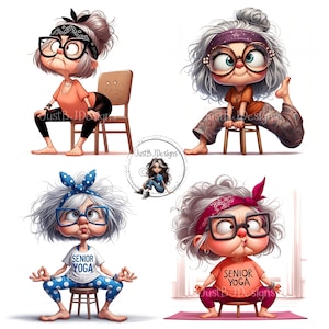 May include: Four cartoon illustrations of an elderly person doing yoga poses. The person is wearing glasses, bandanas, and yoga attire. One image shows the text "SENIOR YOGA" on a shirt. The images are set against a white background.