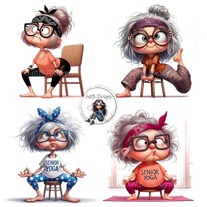 May include: Four cartoon illustrations of an elderly person doing yoga poses. The person is wearing glasses, bandanas, and yoga attire. One image shows the text "SENIOR YOGA" on a shirt. The images are set against a white background.