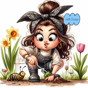 Quirky Gardening Girl Clipart: High Resolution (Digital Download)