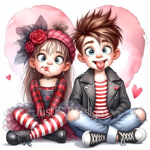 May include: A cartoon illustration of a girl and boy sitting together. The girl is wearing a red and black plaid shirt, a red headband, and red and white striped tights. The boy is wearing a black leather jacket, a red and white striped shirt, and blue jeans. They are both smiling and looking at each other. There is a pink heart behind them.