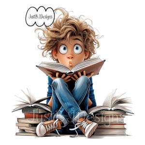 May include: A cartoon illustration of a person with messy curly hair and wide blue eyes reading an open book. The person wears a blue long-sleeve shirt, blue jeans, and brown sneakers, surrounded by stacks of open books. Text reads JustBJDesigns.