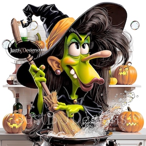 May include: A cartoon illustration of a green-skinned witch with long dark hair wearing a black and orange hat. The witch holds a wooden broom over a bubbling black cauldron. Orange jack-o'-lanterns and kitchen bottles are in the background.