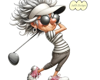 Puede incluir: Ilustración de dibujos animados de una mujer jugando al golf. Lleva una visera blanca, gafas de sol y una camiseta a rayas. Su pelo gris está peinado de forma voluminosa. Lleva zapatos de golf rosas y blancos y pantalones grises. La imagen incluye el texto "Just B. J. Designs".