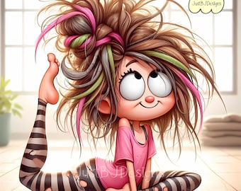 Quirky Yoga Girl Clipart: 15 High-Resolution (Digital Download)