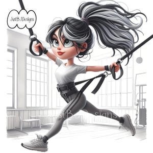 Puede incluir: Una ilustración de dibujos animados de una mujer con cabello negro y blanco que lleva una camisa blanca, pantalones negros y un cinturón negro. Está agarrando dos correas que están unidas al techo y está en una pose en el aire. El fondo es una habitación blanca con una ventana y una silla.