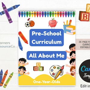 May include: A vibrant preschool curriculum design featuring the text "Pre-School Curriculum" and "All About Me". Includes illustrations of crayons, children, and educational elements. The Canva template is for one-year-olds.