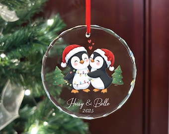 Personalisierte Pinguin Paar Glasverzierung, Pinguin Weihnachtsgeschenk, neues Paar Geschenk, Paare Weihnachtsverzierung, Pinguin Feiertags-Andenken