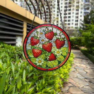 Strawberry Glass Window Hanging, Summer Suncatcher, Strawberries Sun Catcher, Strawberry Branch Glass Suncatcher, Housewarming Gifts