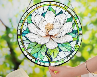Gardenia Stained Glass Suncatcher, Handmade Floral Window Hanging, Blooming Flowers Decor, White Magnolia Suncatcher, Nature-Inspired Art