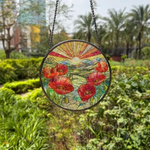 Poppy Flower Glass Suncatcher, Poppy Window Hanging, Poppy  Light catcher, Poppy Home Decor, Birthday Gift For Mom, Sunset Suncatcher