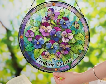 Personalized Violet Glass Suncatcher,  Birth month flower Window Hanging
