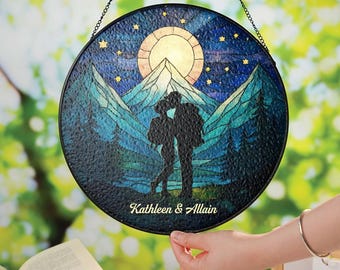 Personalized Hiking Couple Stained Glass Suncatcher, Hiker Lovers Gift, Adventure Suncatcher, Gifts for Couples, Mountain Art Window Hanging