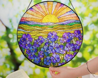 Violet Flower Field Sunset Glass Suncatcher window hanging, Violet Suncatcher Hanging, flower lover gifts, Gift for Mom, Violet Lover Gifts