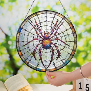 Spider Web Stained Glass Window Hanger, Halloween Spooky Faux Stained Glass Art, Spider Web Light Catcher for Window Hanging, Gothic Decor