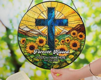 Custom Memorial Stained Glass Suncatcher, Sympathy Light Catcher, Cross Memorial Light Catcher, Sympathy Gifts, Faux Stained Glass Art