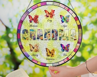 Grandma Suncatcher Butterfly Custom, Nana Suncatcher with Grandkids Names, Light Catcher for Grandma, Butterfly Floral Sun Catcher