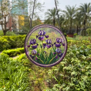 Apanhador de Sol de Vidro com Íris Roxas, Flores de Íris para Pendurar na Janela, Flor do Mês de Nascimento, Presentes, Presente para Mãe, para Ela, para Esposa, Presentes de Boas-Vindas