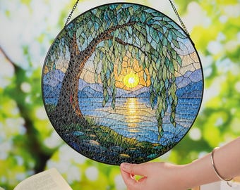 Personalized Anniversary Willow Stained Glass Suncatcher, Willow Tree Window Hanging, 9th Wedding Anniversary Gift, Unique Gift for Couples