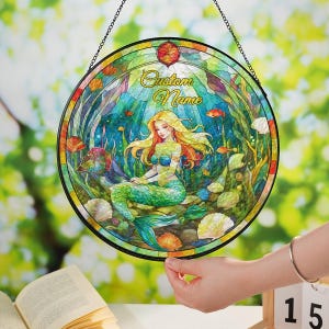 Mermaid Stained Glass Art Custom, Mermaid Stained Glass Suncatcher, Mermaid Light Catcher, Mermaid Lovers Gift, Girl Room Decor,Beach Gift