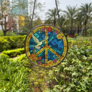 Peace Sign Glass Light Catcher, Dove Faux Stained Glass Suncatcher, Hippie Car Ornament, Peace Sign Decor for Home, Window Hanging