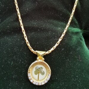 Peut inclure: Collier dor&eacute; avec un pendentif rond orn&eacute; d'un tr&egrave;fle &agrave; quatre feuilles encapsul&eacute; dans de la r&eacute;sine transparente. Le pendentif est entour&eacute; de petits cristaux transparents. La cha&icirc;ne est textur&eacute;e.