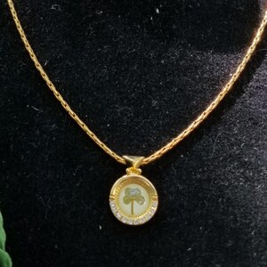 Peut inclure: Collier dor&eacute; avec une cha&icirc;ne d&eacute;licate et un pendentif. Le pendentif, de forme ovale, pr&eacute;sente un petit motif clair, peut-&ecirc;tre une fleur ou une feuille, entour&eacute; de petits cristaux transparents. Le collier est pr&eacute;sent&eacute; sur un fond sombre.