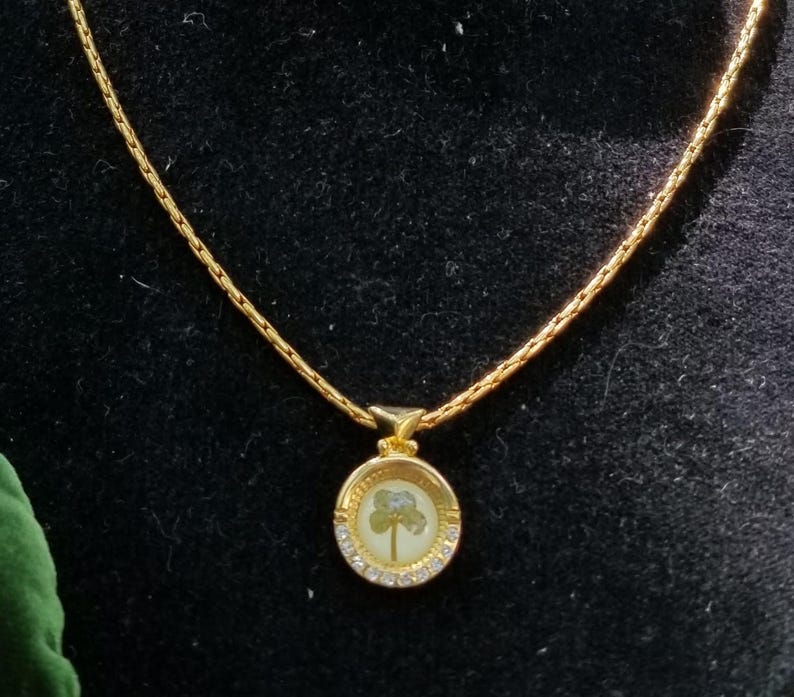 Peut inclure: Collier dor&eacute; avec une cha&icirc;ne d&eacute;licate et un pendentif. Le pendentif, de forme ovale, pr&eacute;sente un petit motif clair, peut-&ecirc;tre une fleur ou une feuille, entour&eacute; de petits cristaux transparents. Le collier est pr&eacute;sent&eacute; sur un fond sombre.