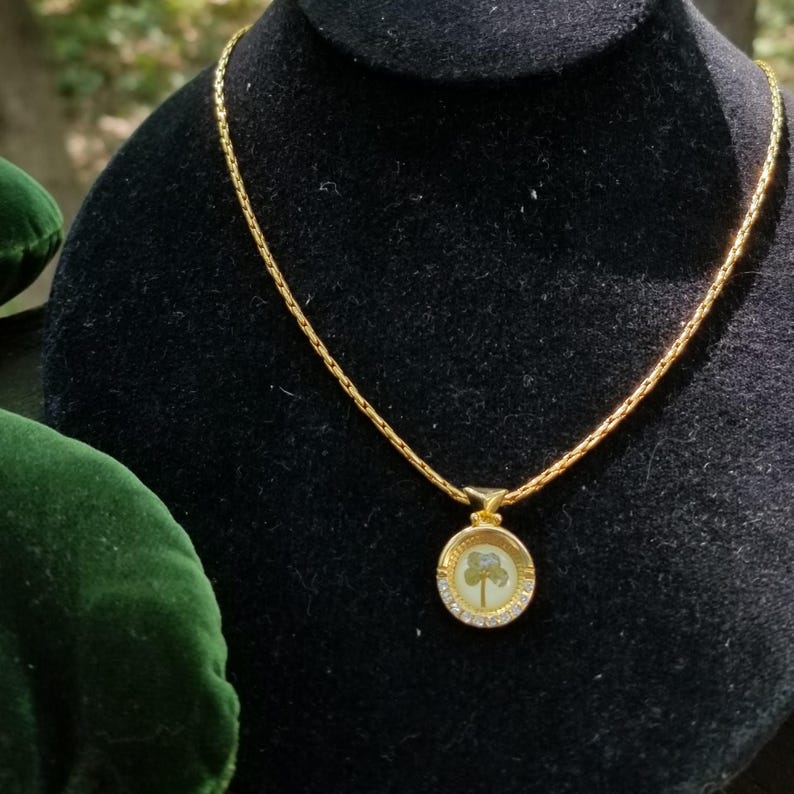 Peut inclure: Collier dor&eacute; avec un pendentif rond repr&eacute;sentant un tr&egrave;fle. Le pendentif est entour&eacute; de petits cristaux transparents. Le collier est pr&eacute;sent&eacute; sur une surface en velours noir.