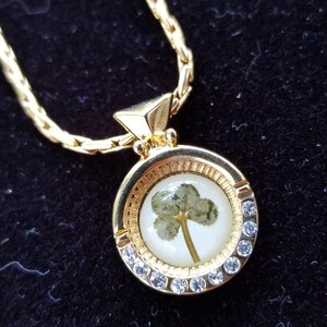 Peut inclure: Collier dor&eacute; avec un pendentif rond. Le pendentif pr&eacute;sente un tr&egrave;fle &agrave; quatre feuilles encapsul&eacute; dans de la r&eacute;sine transparente, entour&eacute; d'une bague de cristaux clairs. La cha&icirc;ne est un design d&eacute;licat et maill&eacute;.