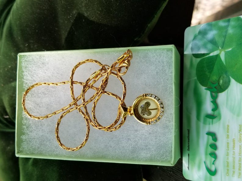 Peut inclure: Un collier dor&eacute; avec un pendentif contenant un tr&egrave;fle &agrave; quatre feuilles, pr&eacute;sent&eacute; dans une bo&icirc;te vert clair. La cha&icirc;ne du collier est finement travaill&eacute;e. Une carte verte et blanche avec du texte est visible.
