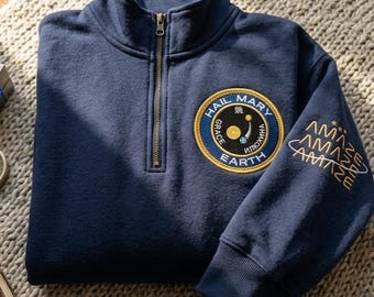 Space Mission Embroidered Quarter Zip, Retro NASA Style Patch Sweatshirt, Sci Fi Space Explorer Pullover, Astronomy Lover Gift