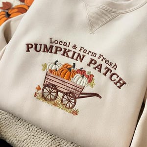 Può includere: Felpa beige con ricamo "Local & Farm Fresh PUMPKIN PATCH" e un carretto pieno di zucche. Il carretto è marrone, le zucche sono arancioni, bianche e rosse. La felpa ha un girocollo.
