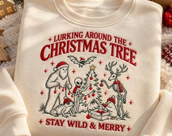 Lurking Around The Christmas Tree Sweatshirt, Cryptid Christmas Embroidered Crewneck, Funny Mothman Xmas Shirt, Cryptid Lover Gift