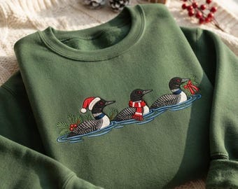 Christmas Loon Embroidered Sweatshirt, Holiday Bird Crewneck, Winter Wildlife Shirt, Loon Lover Gift