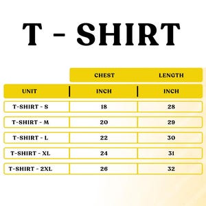 Puede incluir: Tabla de tallas de camisetas con medidas en pulgadas para el pecho y la longitud. La tabla es amarilla y negra. Las tallas van de la S a la 2XL, con medidas de pecho de 45,7 a 66 cm y largos de 71,1 a 81,3 cm.