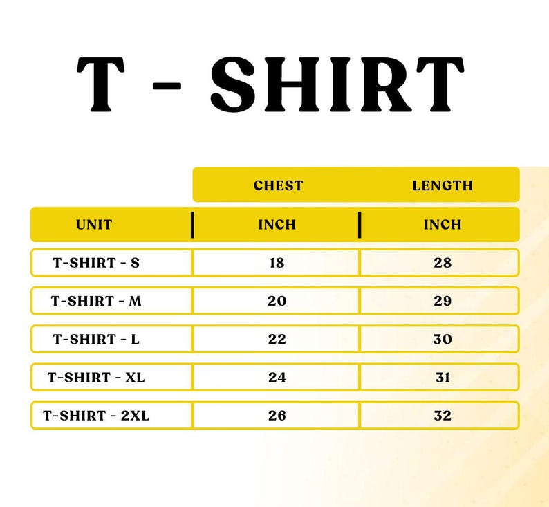 Puede incluir: Tabla de tallas de camisetas con medidas en pulgadas para el pecho y la longitud. La tabla es amarilla y negra. Las tallas van de la S a la 2XL, con medidas de pecho de 45,7 a 66 cm y largos de 71,1 a 81,3 cm.
